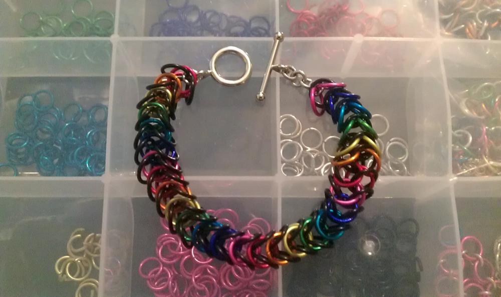 Rainbow & Black Chainmaille Bracelet made in a box pattern